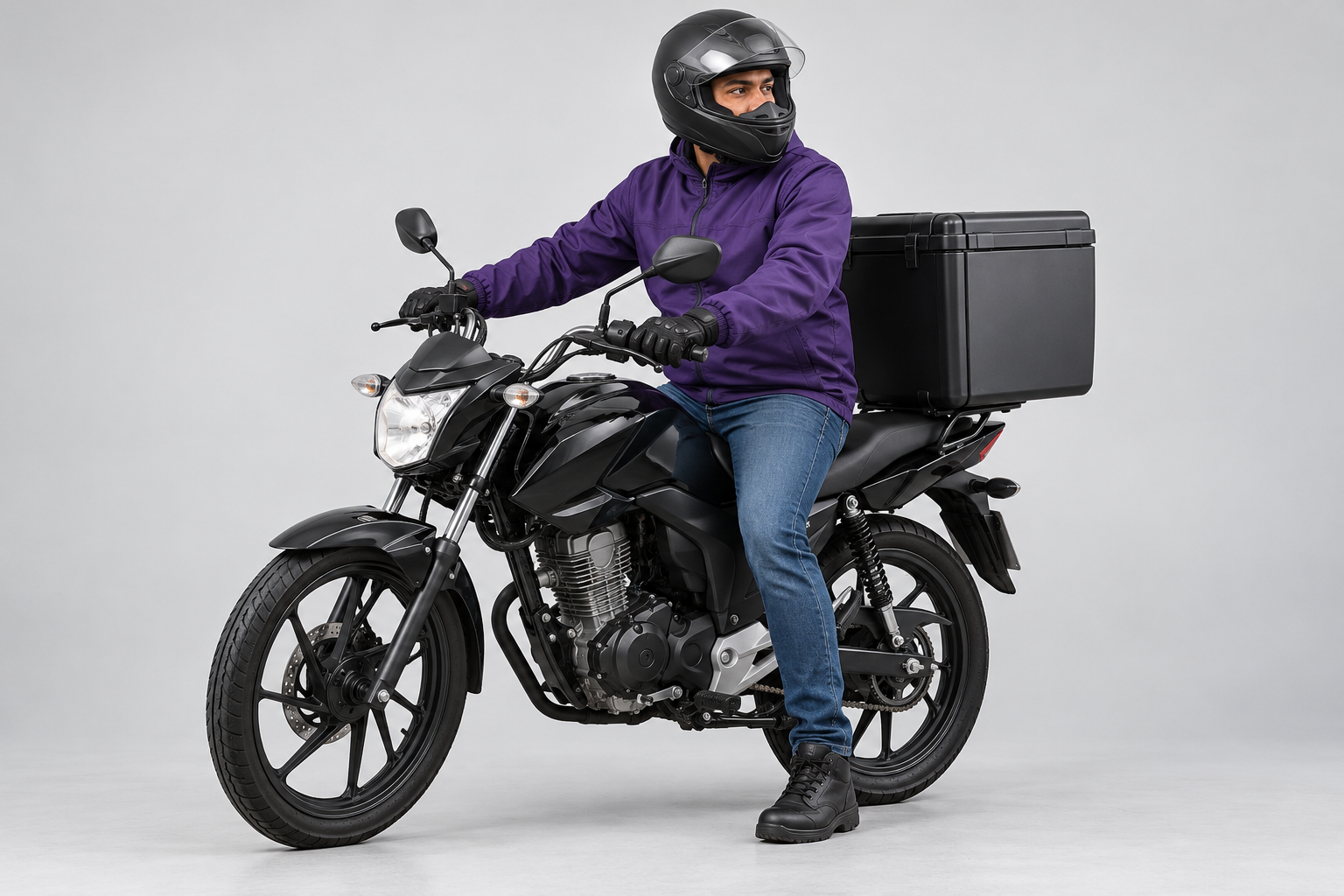 Composição ilustrativa de motocicleta com baú para delivery.