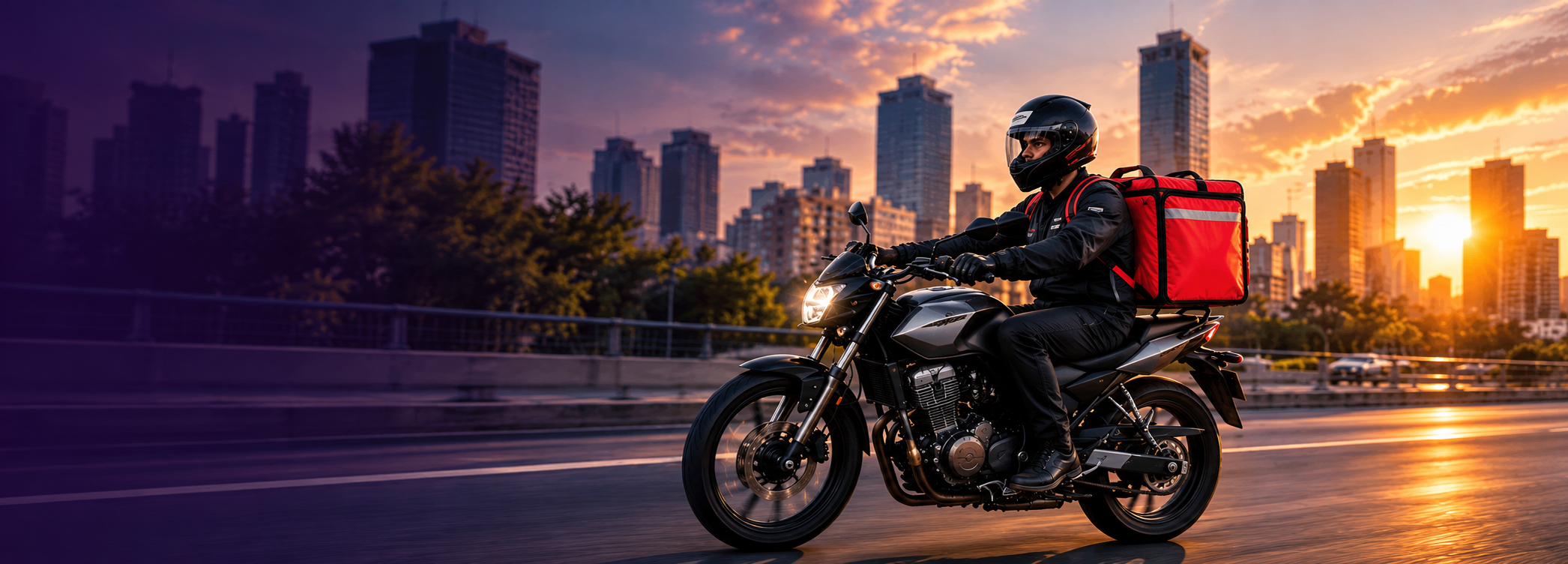 Entregador com mochila de delivery em uma moto de trabalho, em cenário urbano.